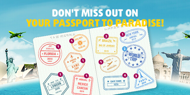 Passport stamped with different destinations plus the words 'Don't miss out on your passport to paradise!'