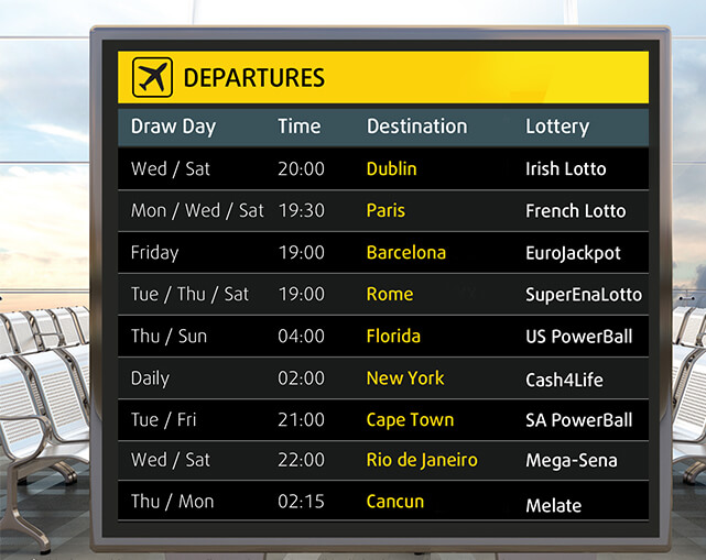 Passport to Paradise Departures Board with dream holiday destinations and lotteries