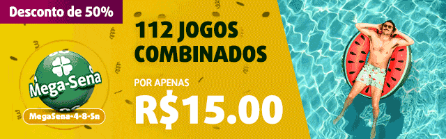Banner para ativar bolão Mega Sena com 112 jogos combinados e 50% de desconto: apenas R$ 15,00!