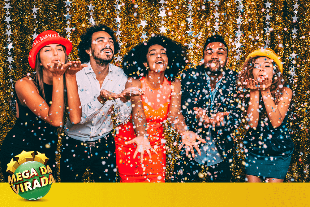 Grupo de amigos celebrando a virada e vitória nas loterias de fim de ano.