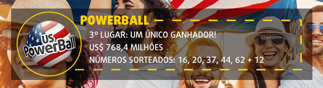 Banner com informação sobre o terceiro maior prêmio Powerball. US$ 768.4 milhões.