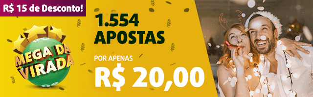 Banner com oferta 15 reais desconto Mega da Virada. 1554 jogos por apenas R$ 20. Casal celebra com confete e purpurina.