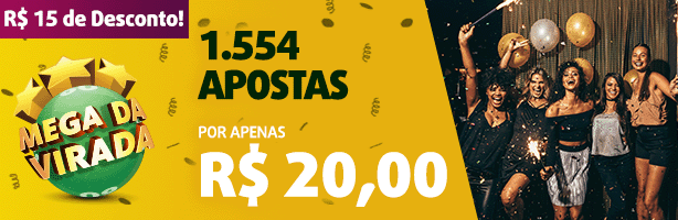 Banner com oferta 15 reais desconto Mega da Virada. 1554 jogos por apenas R$ 20. Grupo celebra com balões, confete e purpurina.