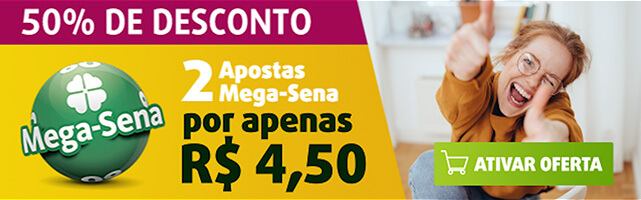 Banner com oferta de 50 por cento de desconto no Mega-Sena: 2 jogos por apenas R$ 4,50.