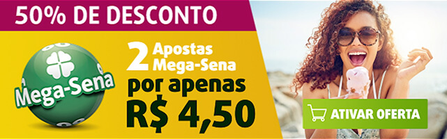Banner com oferta de 50% de desconto Mega-Sena: 2 jogos por apenas R$ 4,50. 