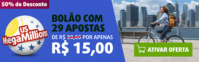 Banner com oferta loteria Mega Millions: 29 Jogos por apenas R$ 15,00