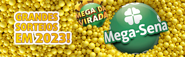 Banner com logo da Mega Sena e Mega da Virada anunciando os sorteios especiais 2023.