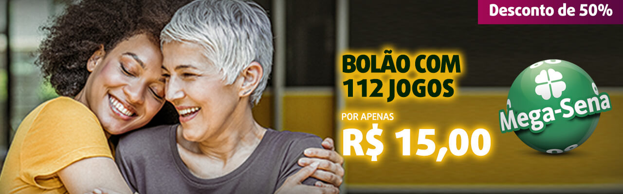 Banner com oferta Mega Sena Dia da Mulher:  Bolão 112 jogos por apenas R$ 15,00