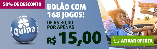 Banner com oferta de bolão da Quina online: 168 jogos por apenas R$ 15,00. Meninas celebram desconto.