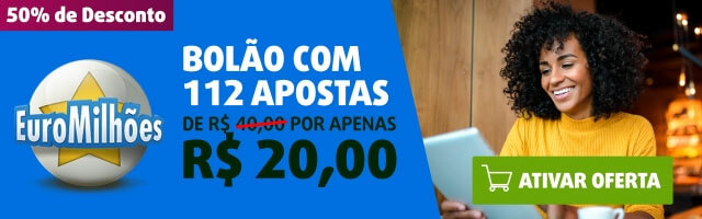 Banner com oferta do Bolão EuroMilhões: 112 jogos por apenas R$ 20,00