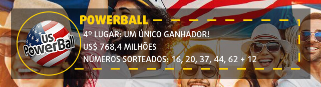 Banner com informação sobre o quarto maior prêmio da Powerball. US$ 768,4 milhões.