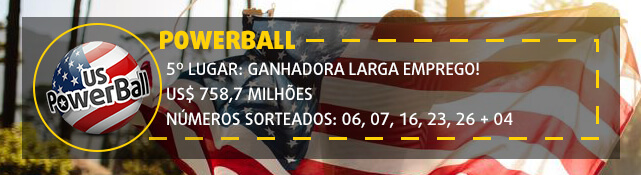 Banner com informação sobre o quinto maior prêmio da Powerball. US$ 758.7 milhões.