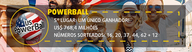 Banner com informação sobre o quinto maior prêmio da Powerball. US$ 768,4 milhões.