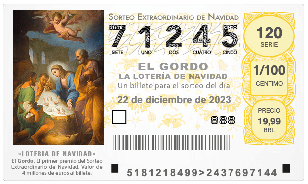 Bilhete da loteria el gordo 2023, que funciona como uma rifa de cinco números