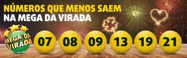 Banner com 6 números menos sorteados na Mega da Virada: 07, 08, 09, 13, 19, 21