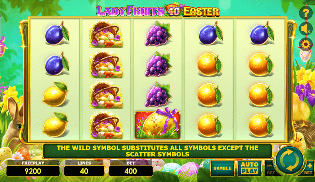 A screenshot from popular Easter slot, Lady Fruits 40 Easter Edition