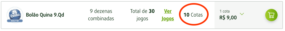 Imagem mostrando onde selecionar o números de cotas para jogar no bolão da Quina