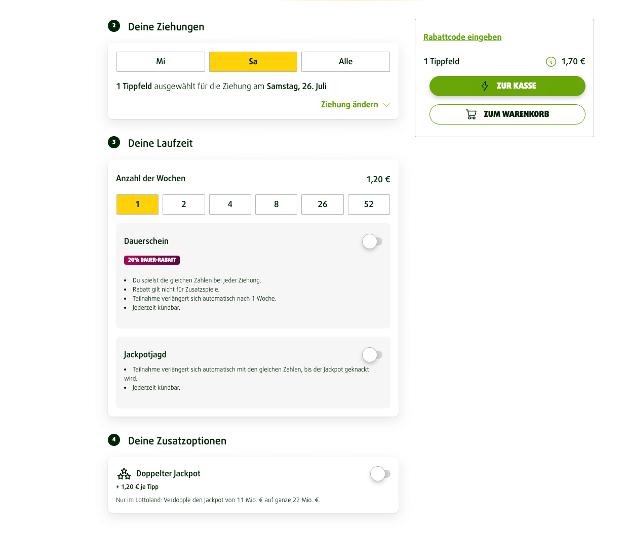 Lottoschein Zusatzoptionen