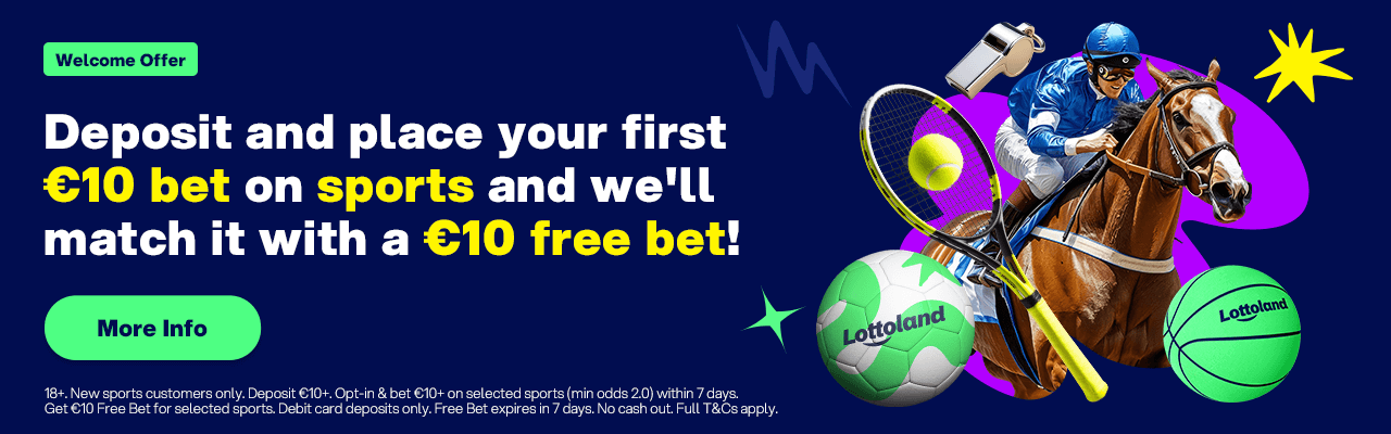 A banner showing Lottoland's sports welcome offer: €10 free bet when depositing €10