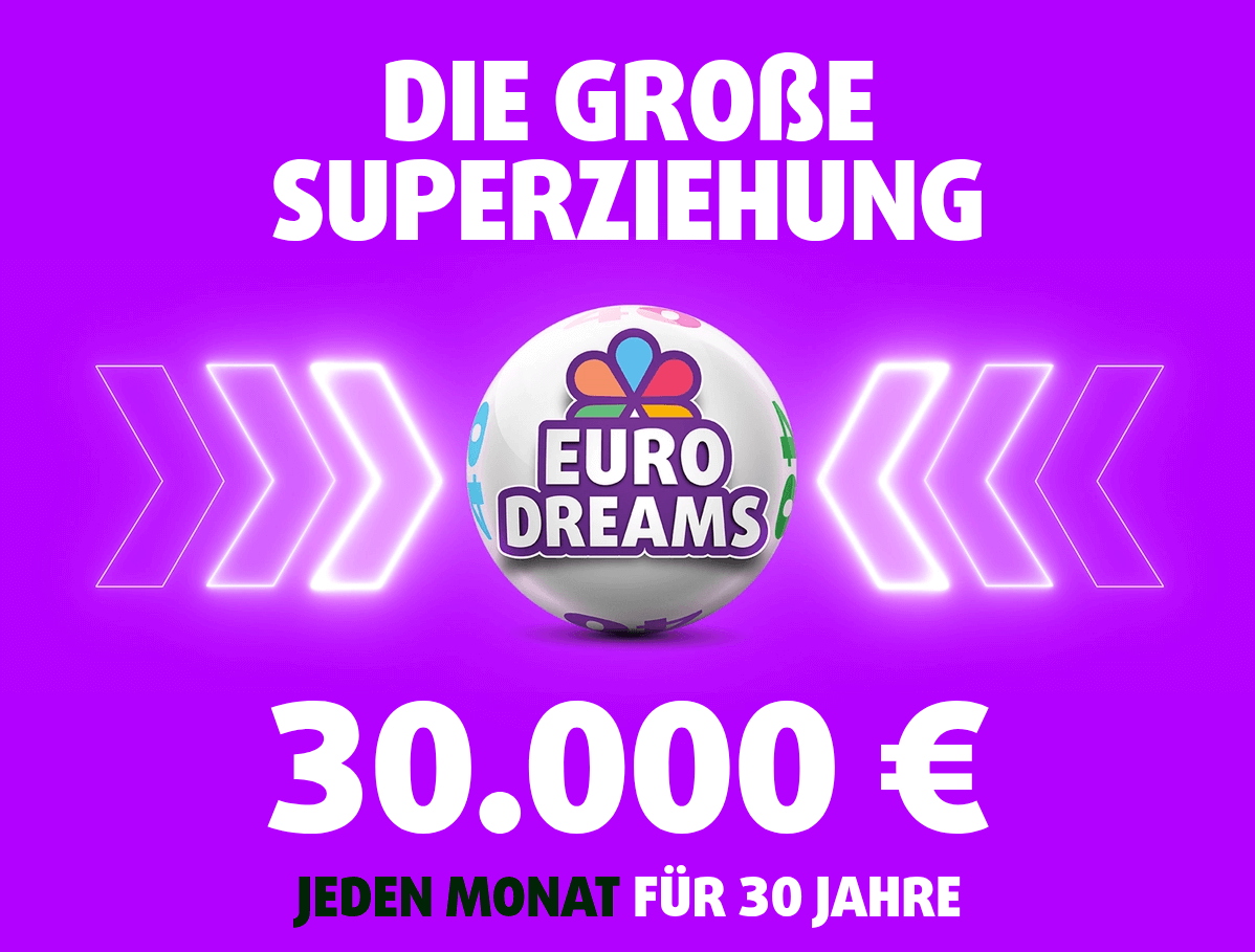 Lottoland Bild zeigt das EuroDreams Logo mit der Überschrift Die große Superziehung und 30.000 Euro jeden Monat für 30 Jahre