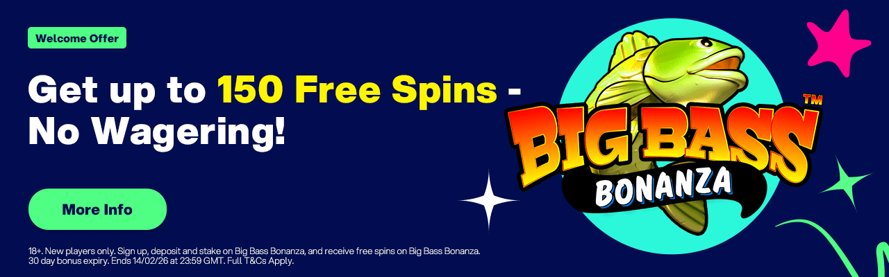 A banner showing the logo for Big Bass Bonanza, the game on which Lottoland customers can claim up to 200 free spins with no wagering requirement!