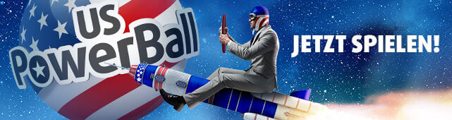 Ein Mann im Anzug und mit Helm reitet eine Rakete im amerikanischen Design vor einem Sternenhintergrund, daneben der Schriftzug 'Jetzt spielen!'.