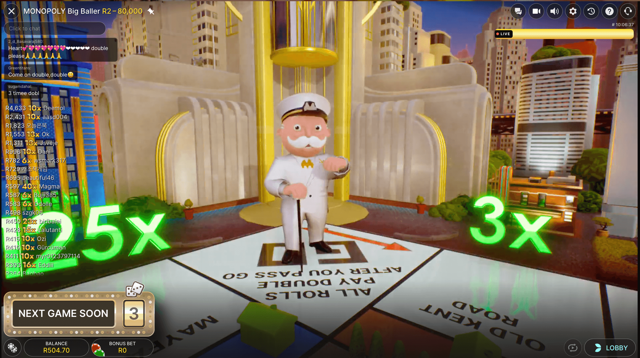 an image of mr monopoly beginning the bonus round of big baller live