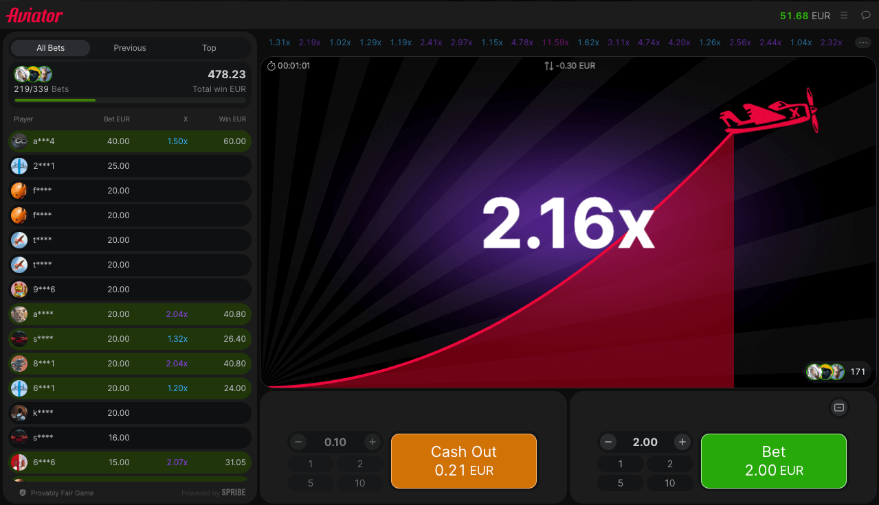 A screenshot from the Aviator crash game showing the game in progress at a 2.16 multiplier
