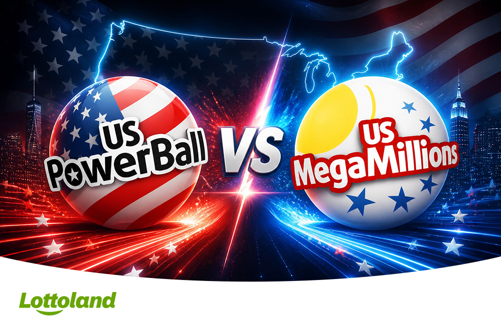 Bild zeigt  ein energiegeladenes US Megamillions und Powerball im direkten Lottoland Vergleich